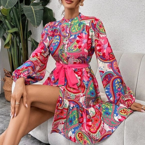 Pink boho Womens Paisley Print  mini Dress - Picture 4 of 5